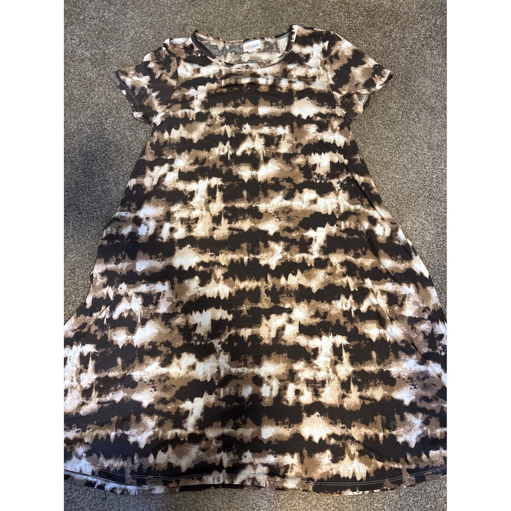LuLaRoe Carly Dress Womens M Brown Tan Tie Dye Excellent High Low Short Sleeve